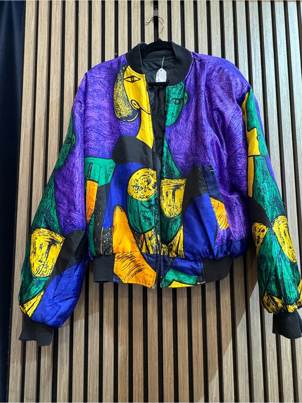 Colorblock Abstract Print Bomber Jacket - Purple/Green/Yellow